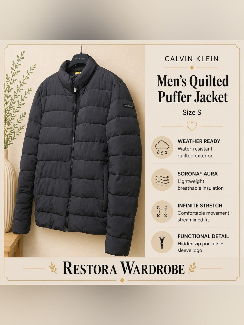 Calvin Klein Men's Quilted Puffer Jacket Water Resistant Iron Gray S